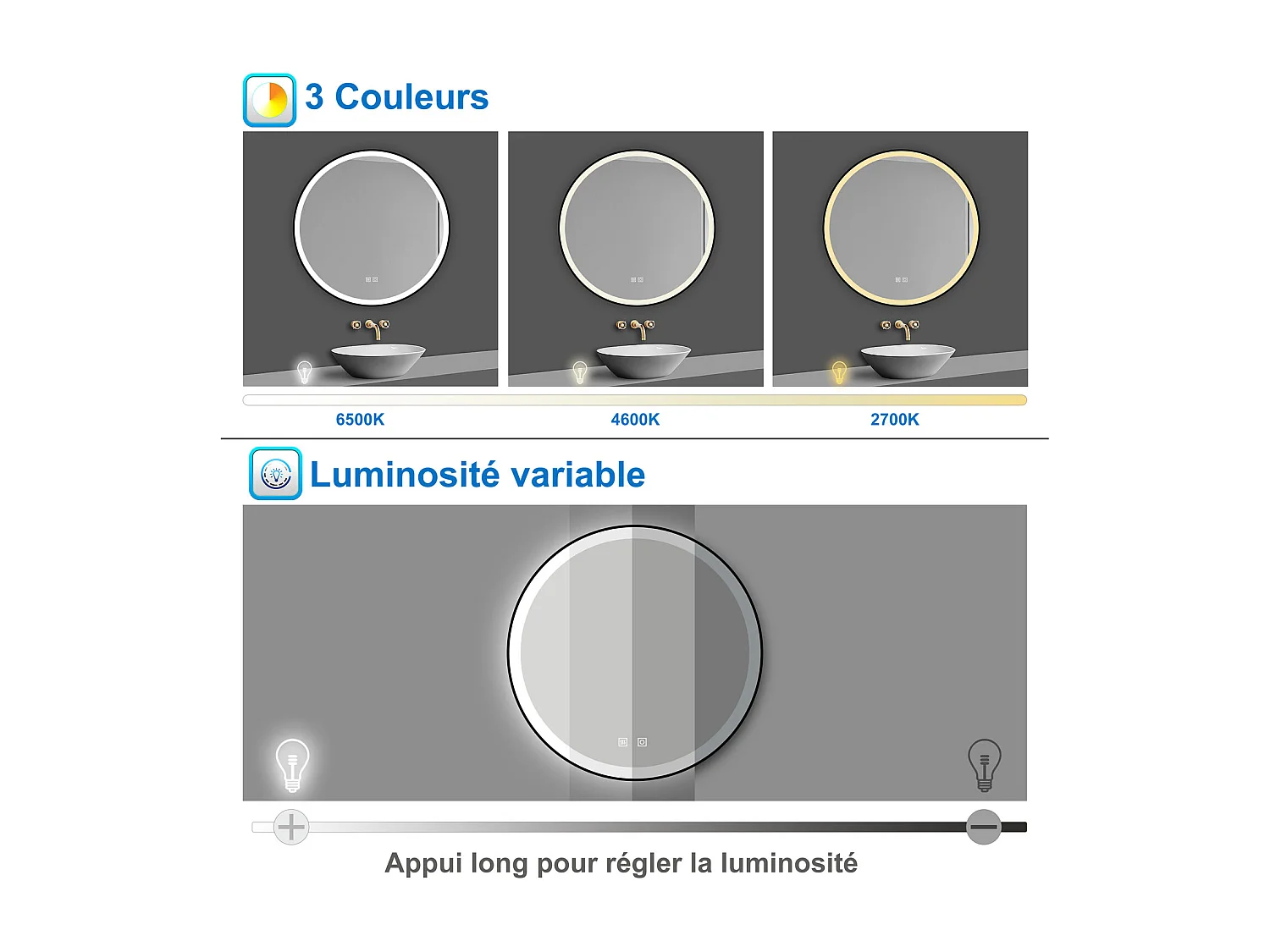 Miroir lumineux rond 70x70cm avec Anti-buée + 3 Couleurs + Dimmable, Mural Miroir salle de bain rond