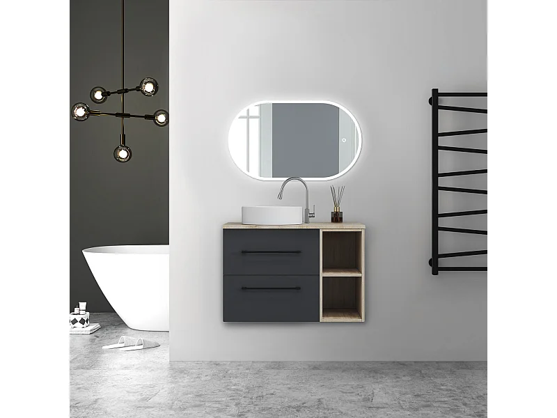 AICA Ensemble meuble de Salle de Bain Suspendu avec Vasque + 2 Rangements Ouverts, 80x46x52cm, Ovale Miroir Tricolore et Dimmable