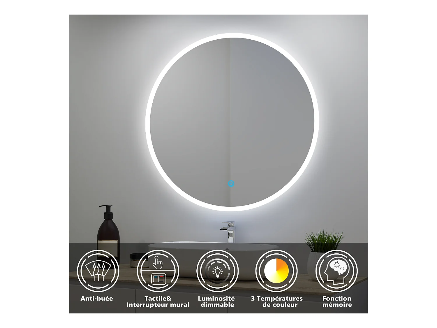 Miroir lumineux rond 60cm avec 3 Couleurs + Dimmable + Anti-buée, Mural Miroir salle de bain