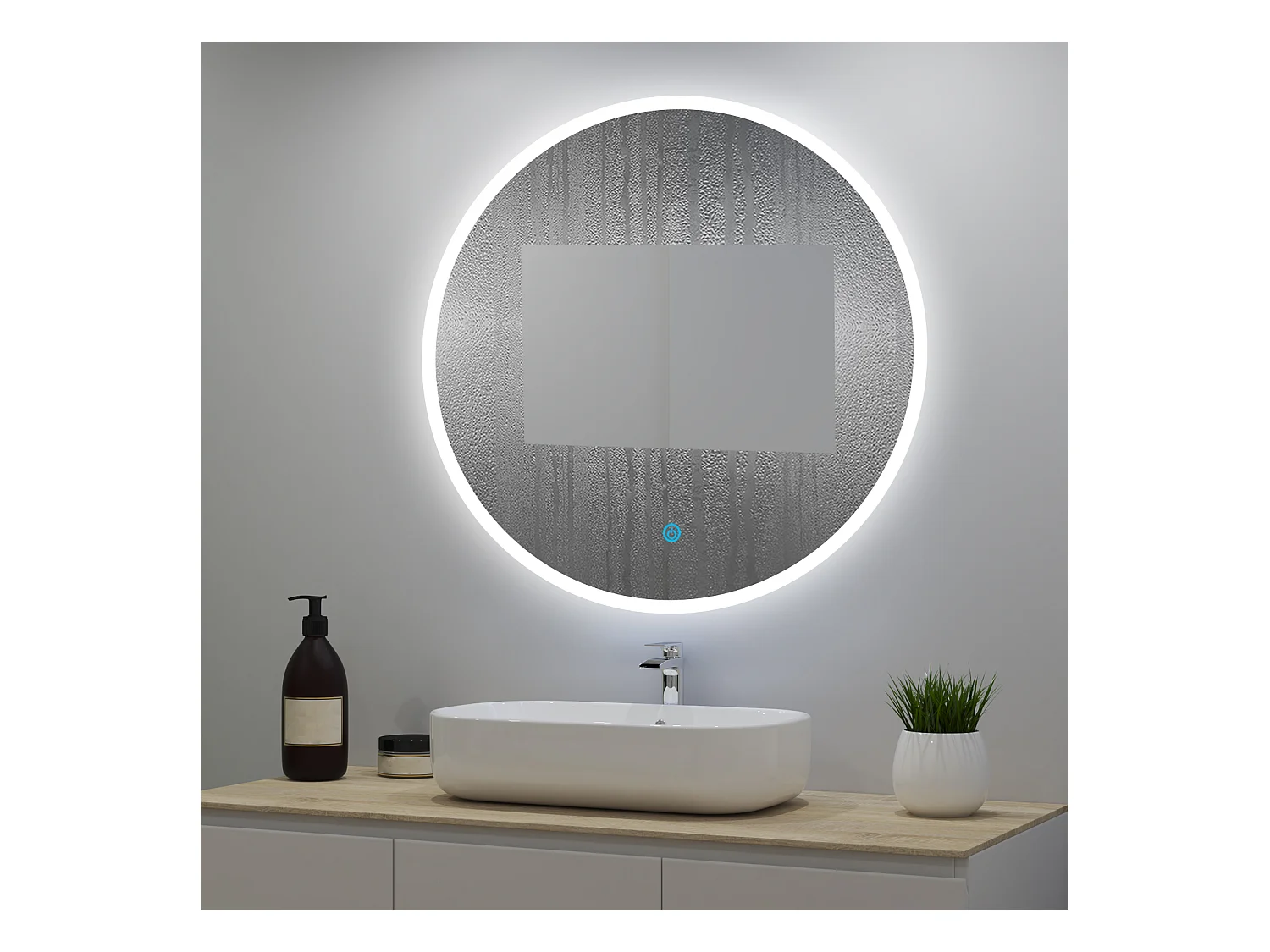 Miroir lumineux rond 60cm avec 3 Couleurs + Dimmable + Anti-buée, Mural Miroir salle de bain