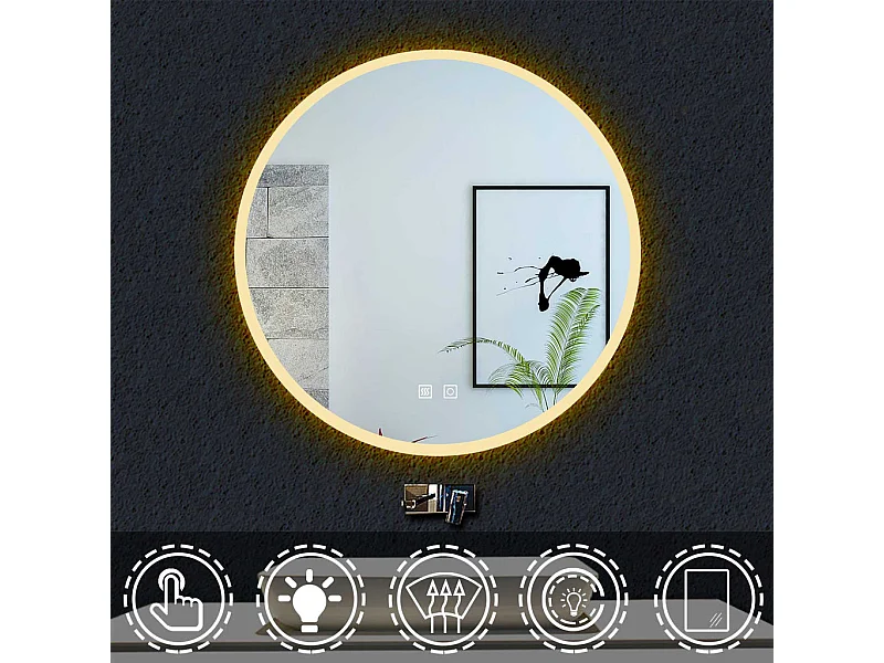 3 Couleurs 70cm Miroir Rond Salle de Bain Anti-buée LED