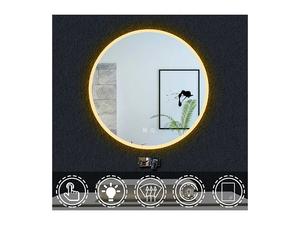 3 Couleurs 70cm Miroir Rond Salle de Bain Anti-buée LED
