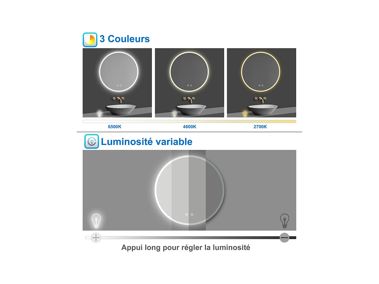 3 Couleurs 70cm Miroir Rond Salle de Bain Anti-buée LED