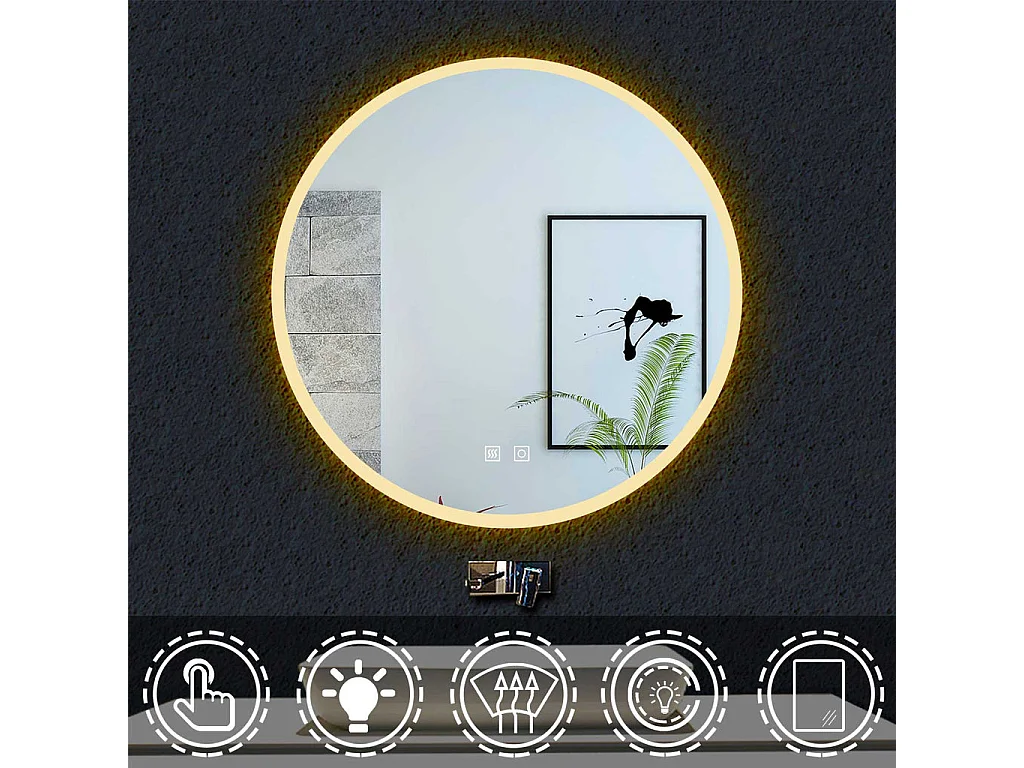 3 Couleurs 70cm Miroir Rond Salle de Bain Anti-buée LED