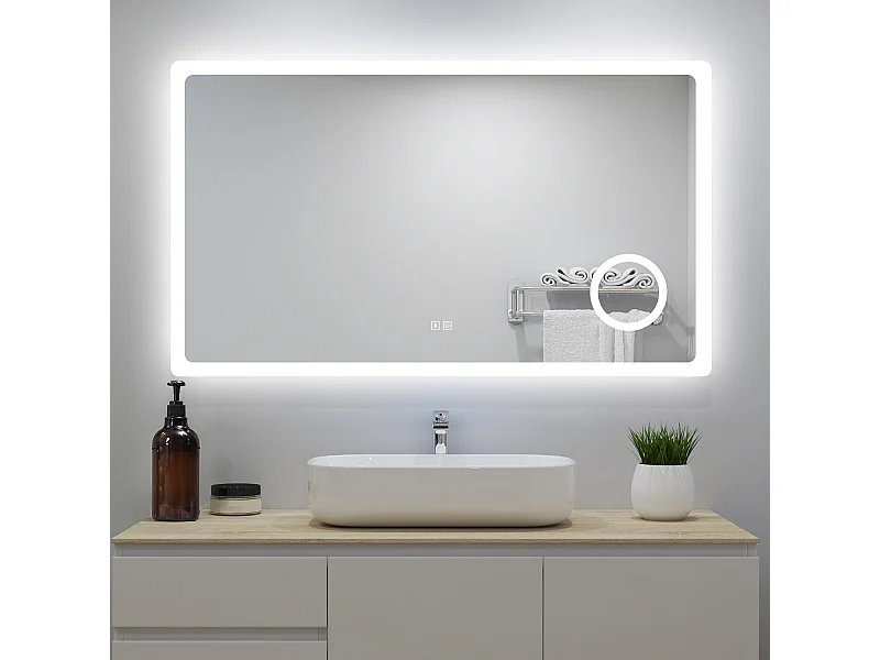 Miroir Lumineux avec Bluetooth 140 x 80cm,  Miroir de Salle de Bain LED avec 3 Couleurs + Anti-buée + grossissant 3x，Mural Miroir-Aica