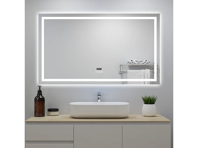 Miroir lumineux avec Bluetooth 100 x 60cm, miroir avec Horloge + 3 Couleurs + Dimmable + Anti-buée, Miroir de Salle de Bain IP44 rectangulaire