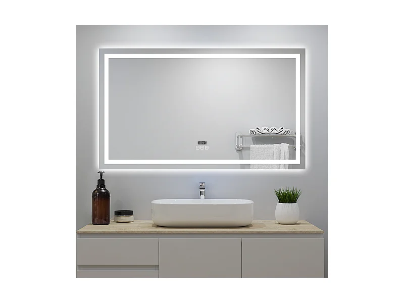 Miroir lumineux avec Bluetooth 140 x 80cm, miroir avec Horloge + 3 Couleurs + Dimmable + Anti-buée, Miroir de Salle de Bain IP44 rectangulaire