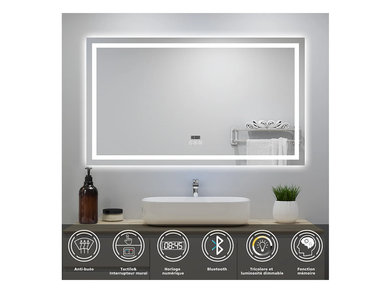 Miroir lumineux avec Bluetooth 140 x 80cm, miroir avec Horloge + 3 Couleurs + Dimmable + Anti-buée, Miroir de Salle de Bain IP44 rectangulaire