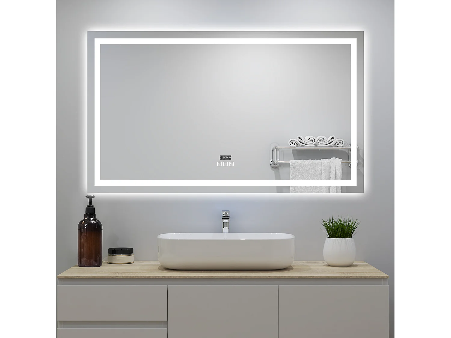 Miroir lumineux avec Bluetooth 140 x 80cm, miroir avec Horloge + 3 Couleurs + Dimmable + Anti-buée, Miroir de Salle de Bain IP44 rectangulaire
