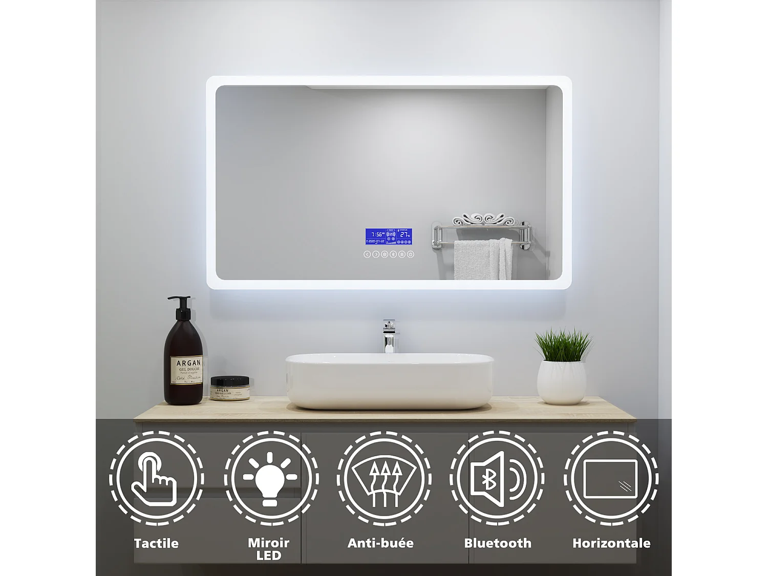 Aica Miroir Lumineux à LED Réglable Intelligent 100x60cm, Miroir de salle de bain avec éclairage intégré + antibuée + Miroir grossissant + Bluetooth