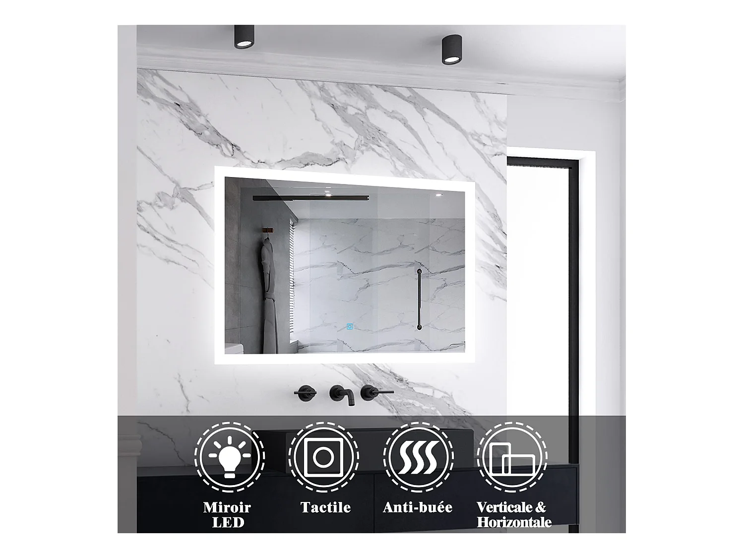 Miroir lumineux 60x50cm acve anti-buée，Mural Miroir salle de bain - Aica