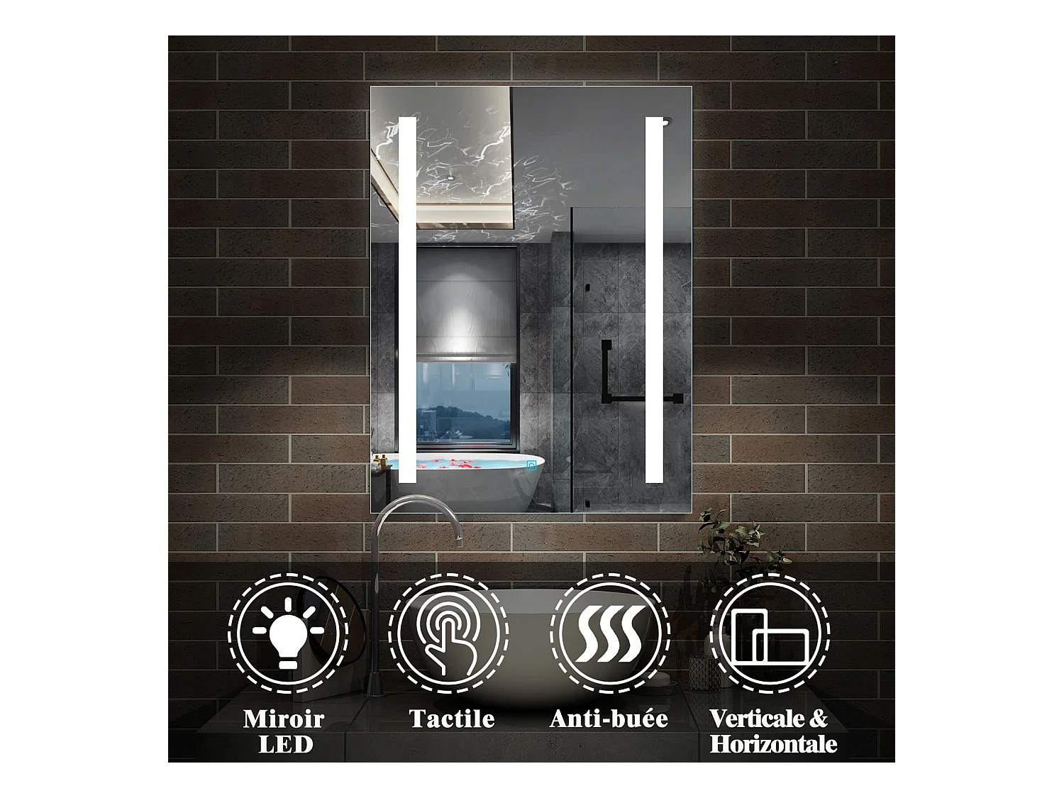 60x80cm Miroir de salle de bain, commutateur tactile, avec fonction LED et anti-buée, Modèle Baguette