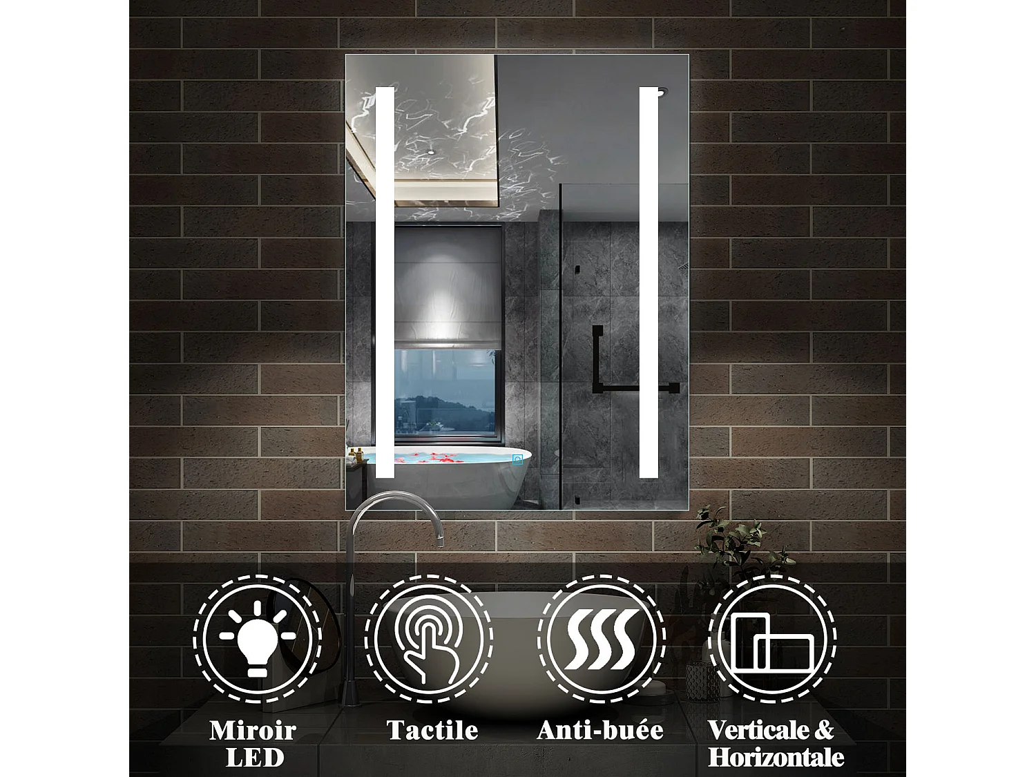 60x80cm Miroir de salle de bain, commutateur tactile, avec fonction LED et anti-buée, Modèle Baguette