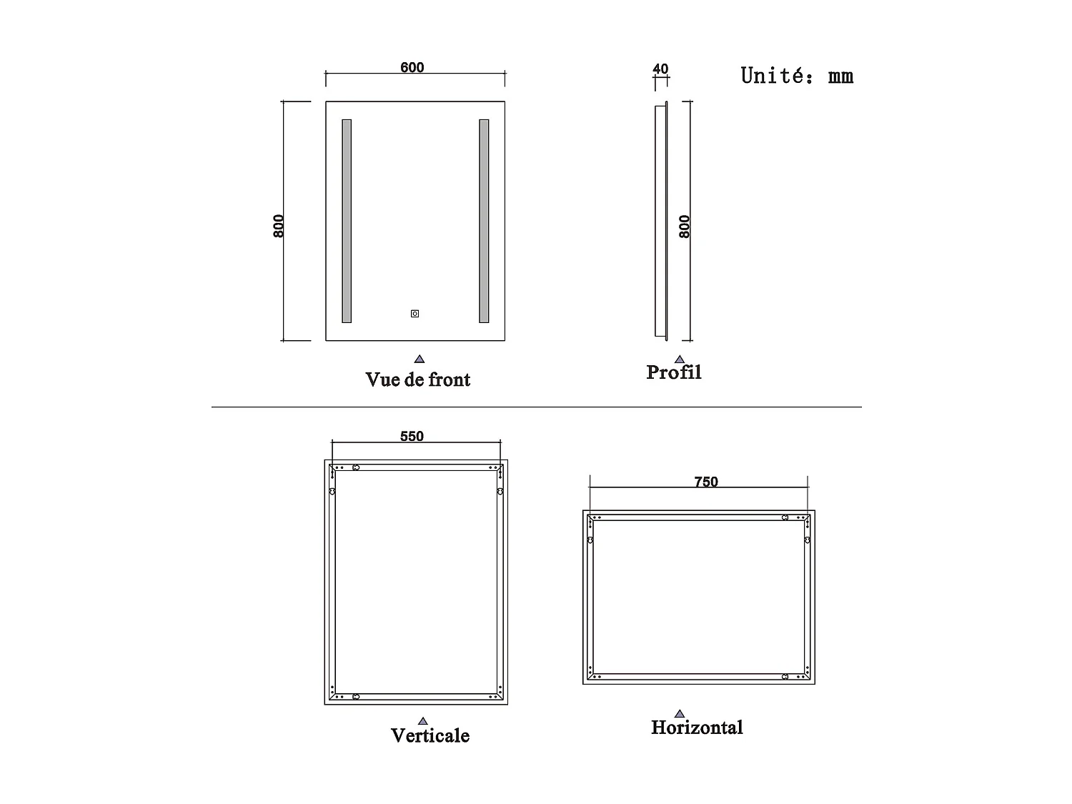 60x80cm Miroir de salle de bain, commutateur tactile, avec fonction LED et anti-buée, Modèle Baguette
