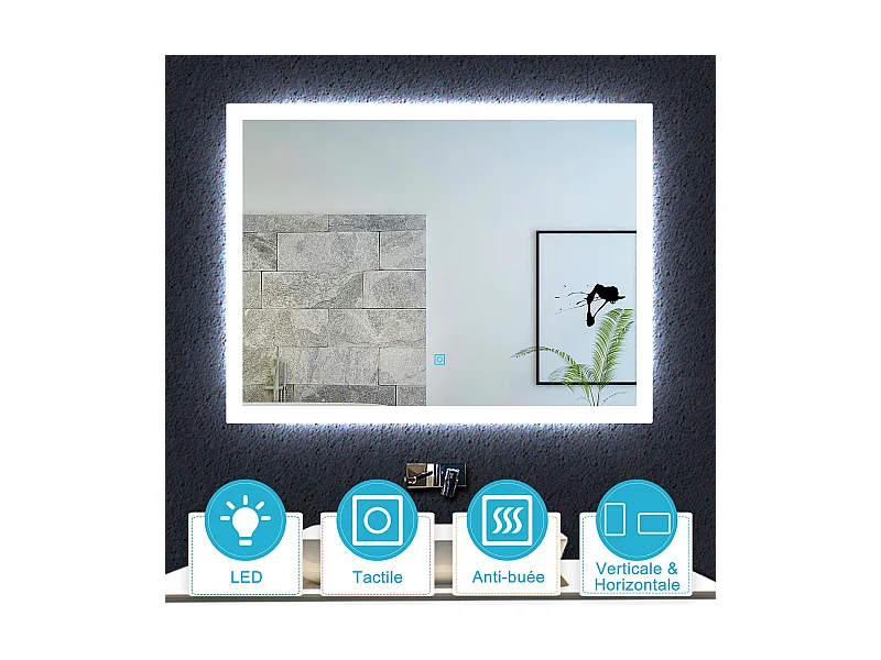 Aica Miroir lumineux avec éclairage intégré avec anti-buée, Modèle soleil 80x60cm