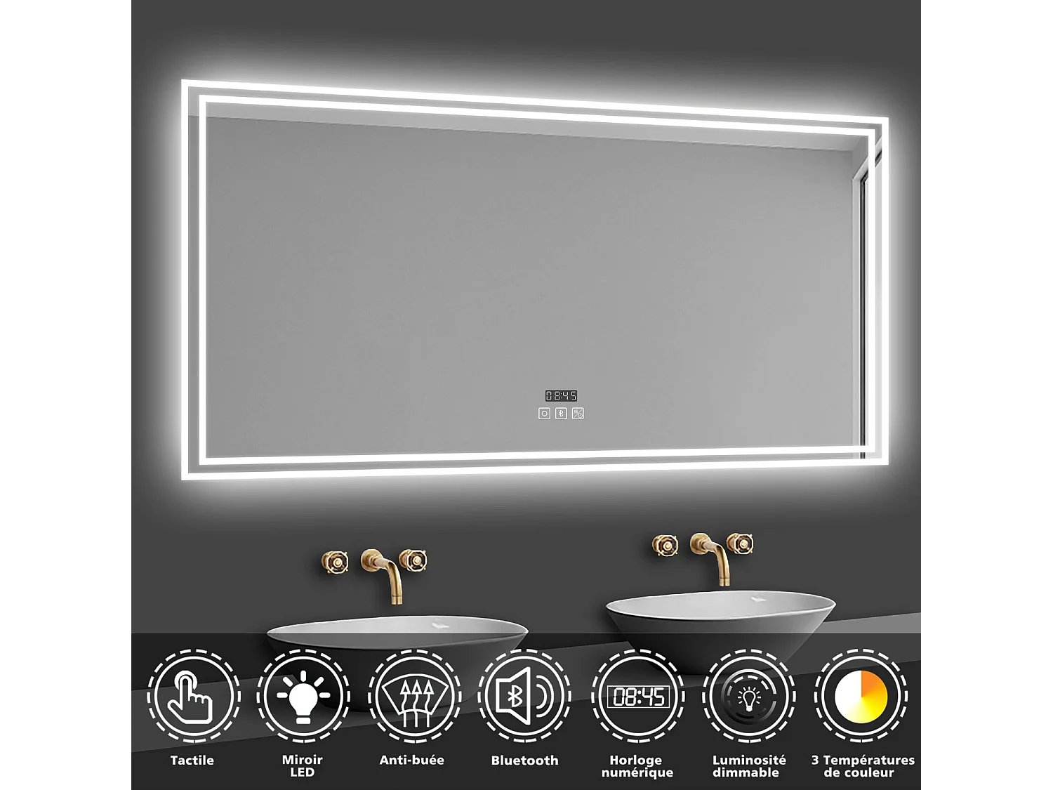 Miroir lumineux avec Bluetooth 120 x 70cm, Miroir de Salle de Bain LED avec Horloge + 3 Couleurs + Dimmable + Anti-buée, Miroir IP44