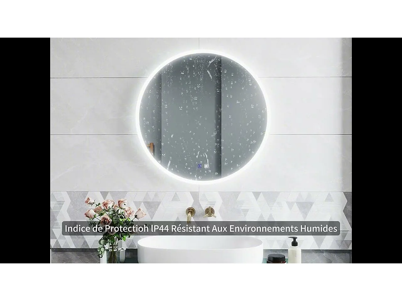 Miroir lumineux avec Bluetooth 80 x 60cm, Miroir de salle de bain à LED antibuée, fonction de gradation à 3 couleurs Miroir mural IP44 rectangulaire