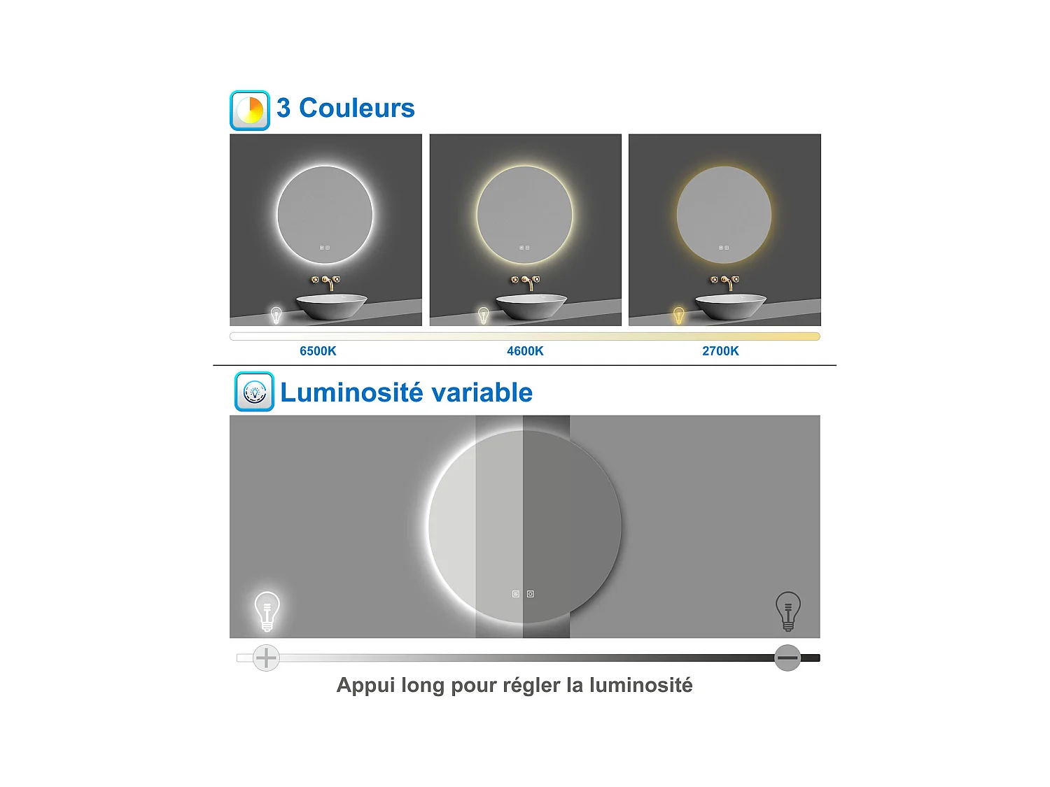 Miroir lumineux rond 100x100cm avec Anti-buée + 3 Couleurs + Dimmable, Mural Miroir salle de bain