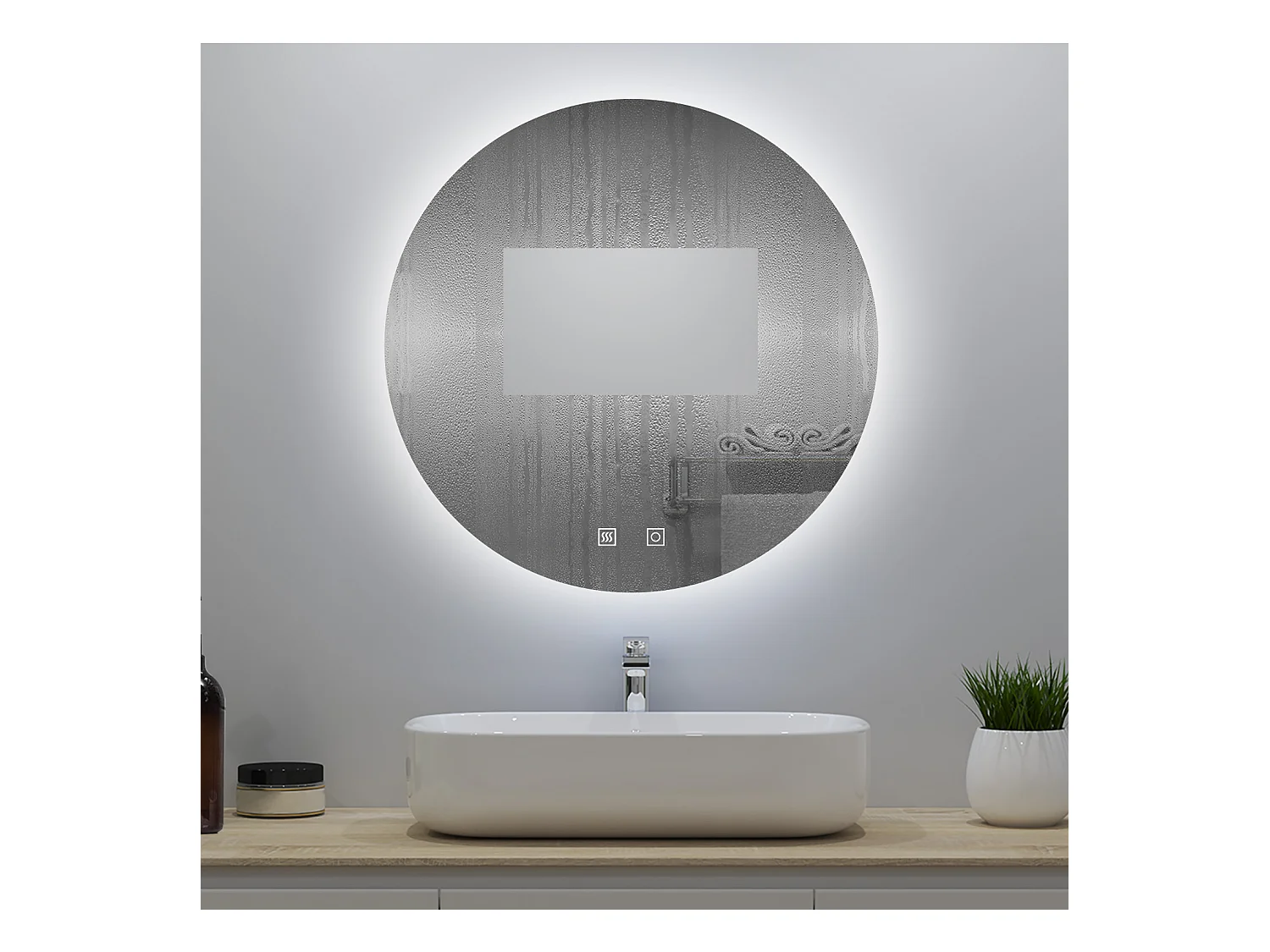 Miroir lumineux rond 100x100cm avec Anti-buée + 3 Couleurs + Dimmable, Mural Miroir salle de bain