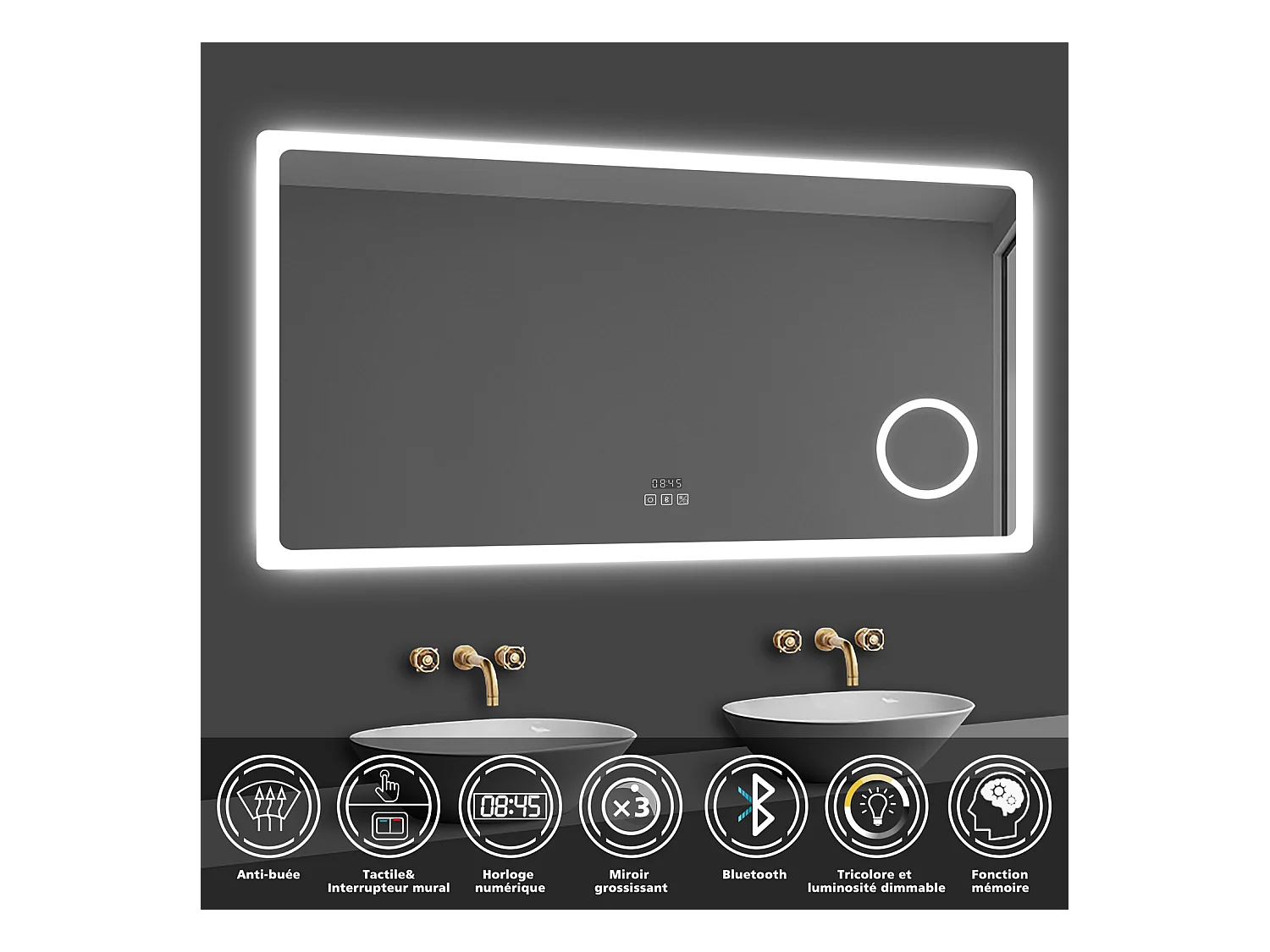 Miroir lumineux, l.100 x H.60cm Miroir Grossissant 3x avec Bluetooth + Horloge + 3 Couleurs + Dimmable + Anti-buée, Miroir de Salle de Bain LED