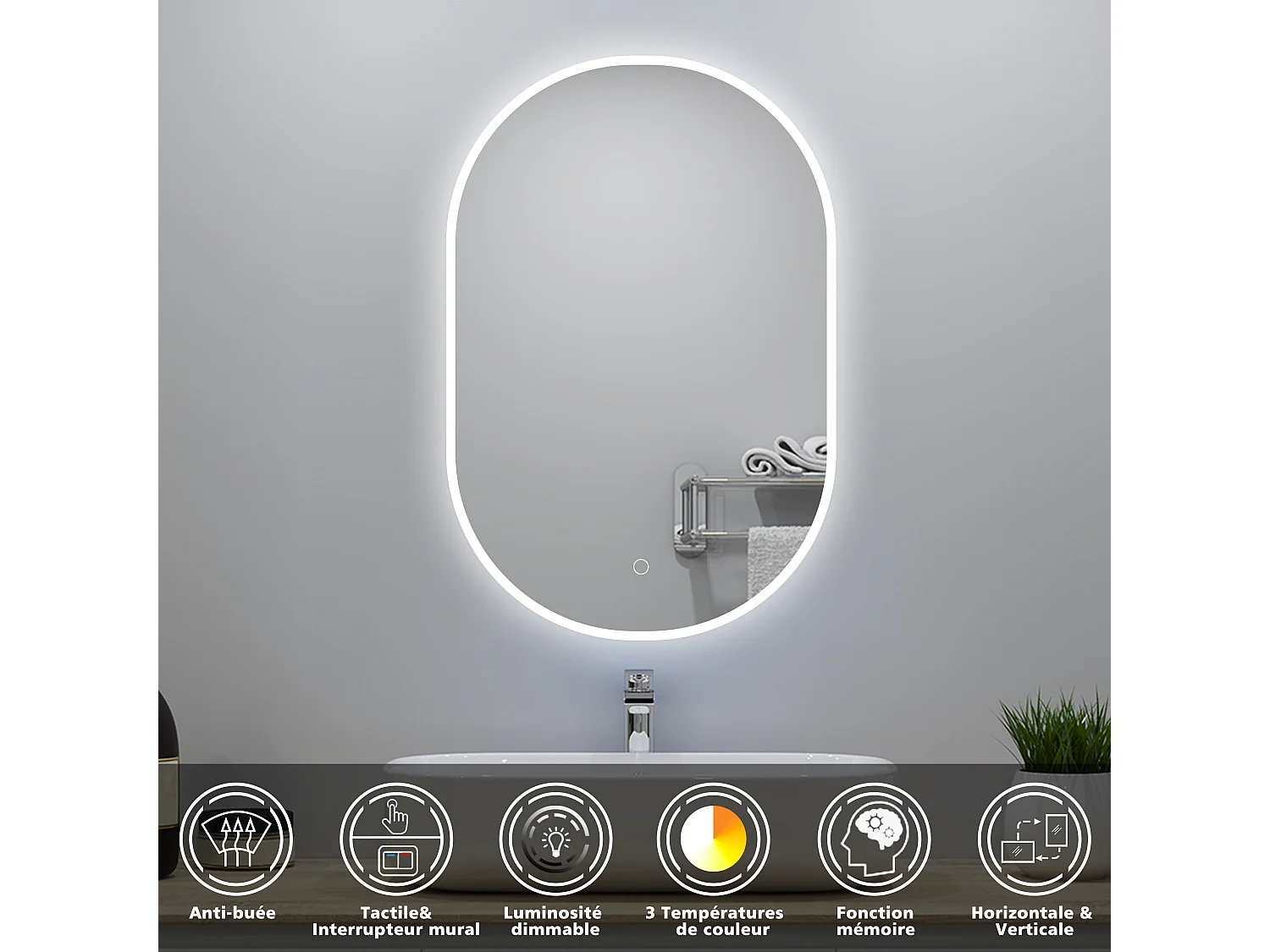 Miroir lumineux ovale l.45 x H.75cm avec Anti-buée + 3 Couleurs + Dimmable, Mural Miroir salle de bain