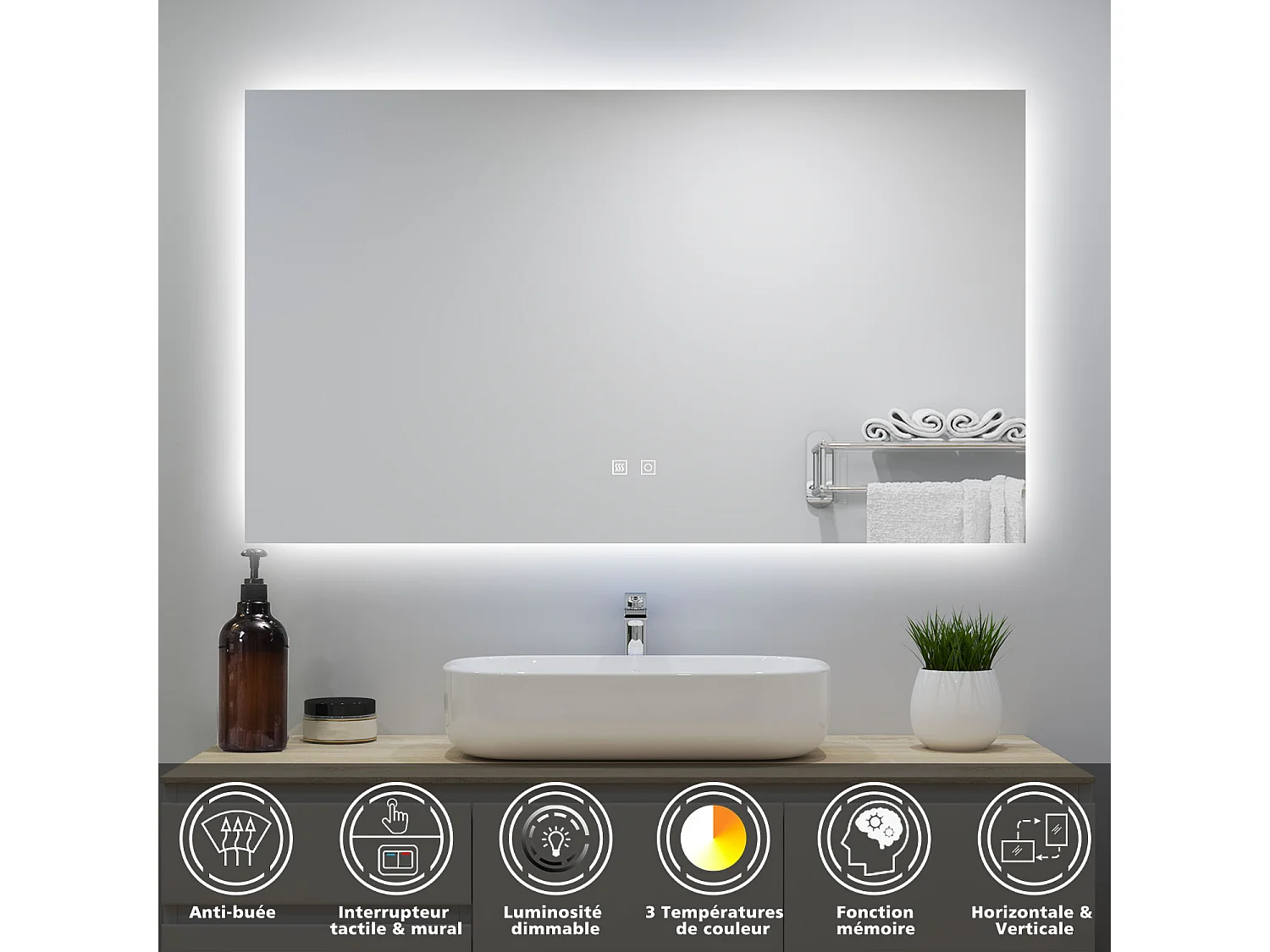 Miroir lumineux 100x60cm avec Anti-buée + 3 Couleurs + Dimmable, Mural Miroir salle de bain