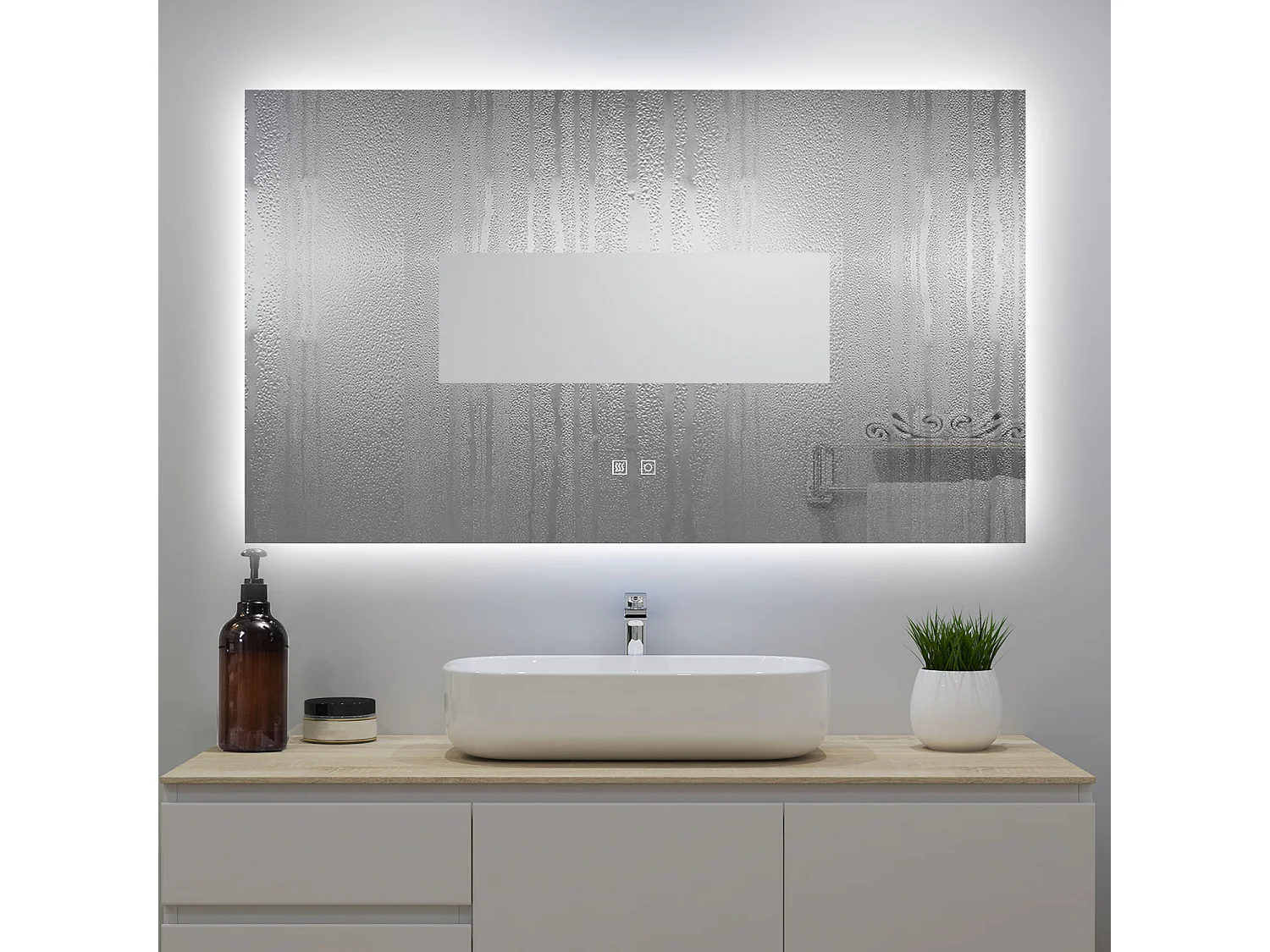 Miroir lumineux 100x60cm avec Anti-buée + 3 Couleurs + Dimmable, Mural Miroir salle de bain