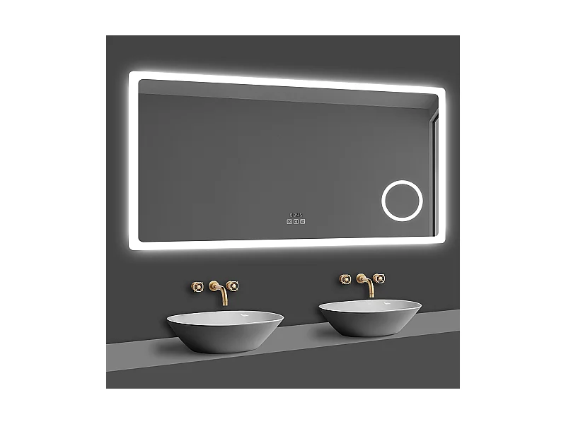 Miroir lumineux, l.140 x H.80cm Miroir Grossissant 3x avec Bluetooth + Horloge + 3 Couleurs + Dimmable + Anti-buée, Miroir de Salle de Bain LED
