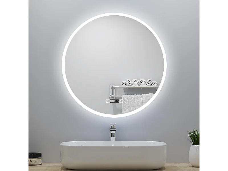 Miroir lumineux Rond 60cm avec Horloge + 3 Couleurs + Dimmable + Anti-buée