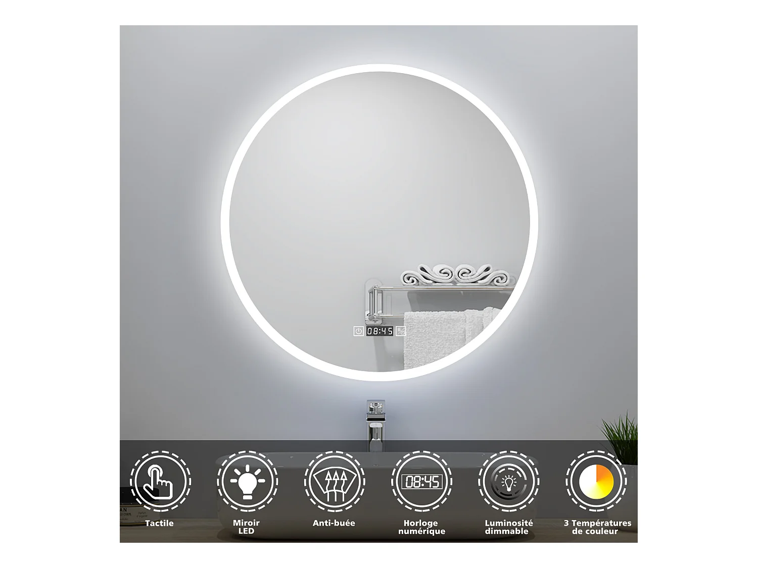 Miroir lumineux Rond 60cm avec Horloge + 3 Couleurs + Dimmable + Anti-buée