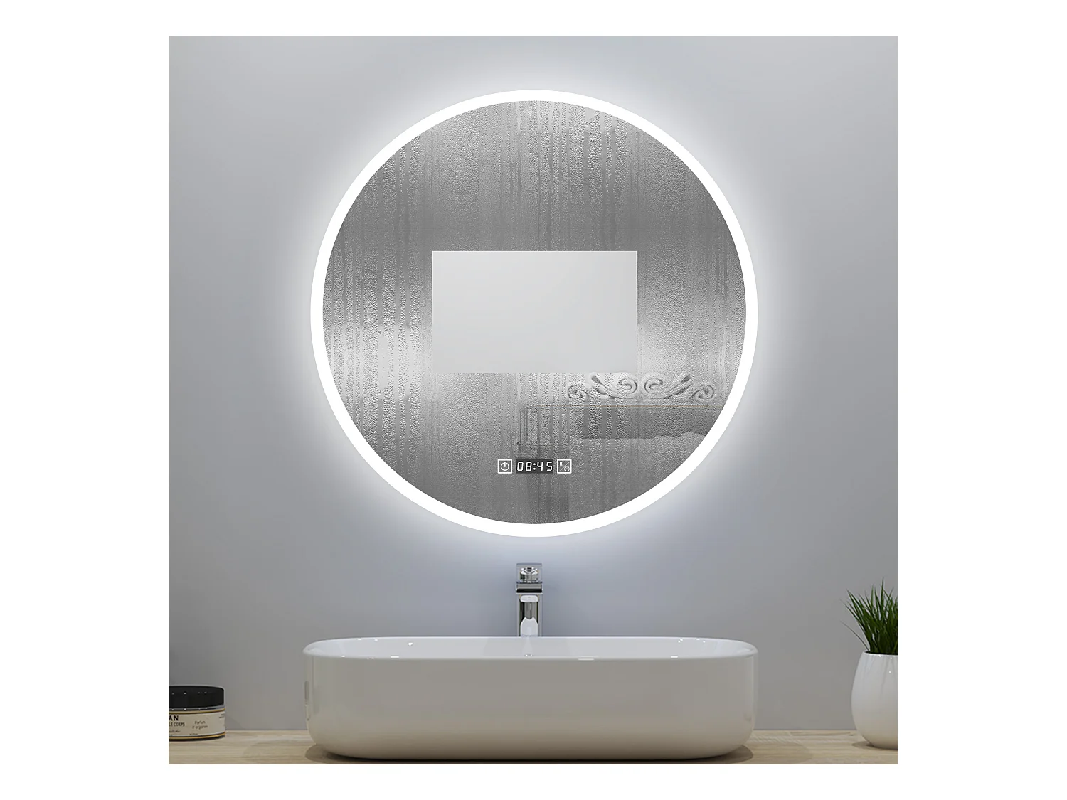 Miroir lumineux Rond 60cm avec Horloge + 3 Couleurs + Dimmable + Anti-buée