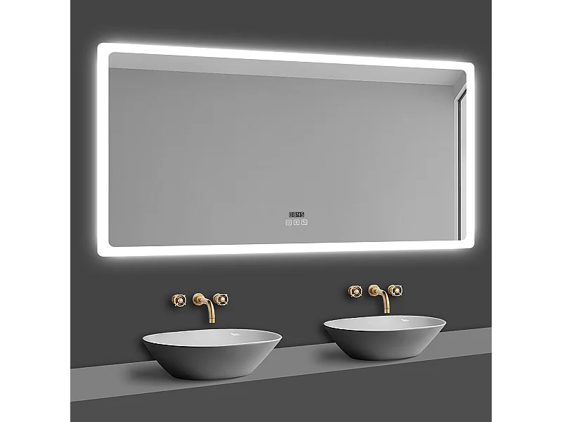 Miroir lumineux l.80 x H.60 cm avec Bluetooth + Anti-buée + 3 Couleurs + Horloge , Miroir de Salle de Bain LED, Mural Miroir