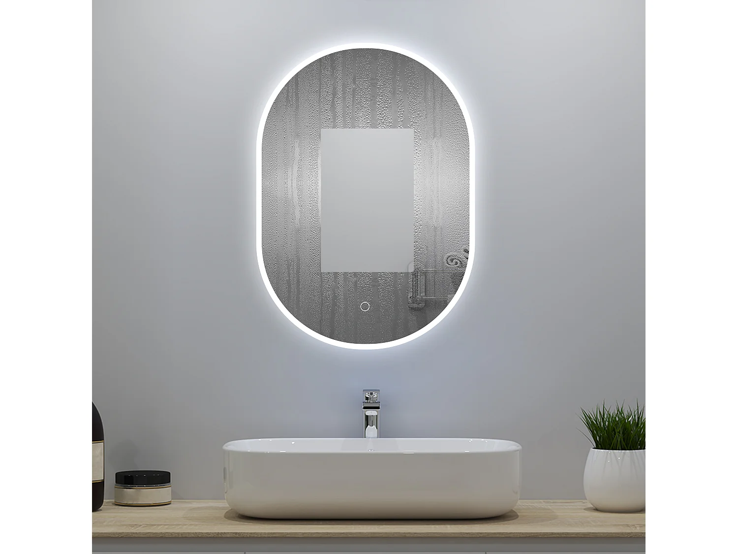 Miroir lumineux ovale l.45 x H.75cm avec Anti-buée + Dimmable, Mural Miroir salle de bain
