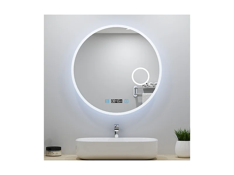 Miroir lumineux Rond 70cm avec Horloge + 3 Couleurs + Dimmable + Anti-buée + grossissant 3x