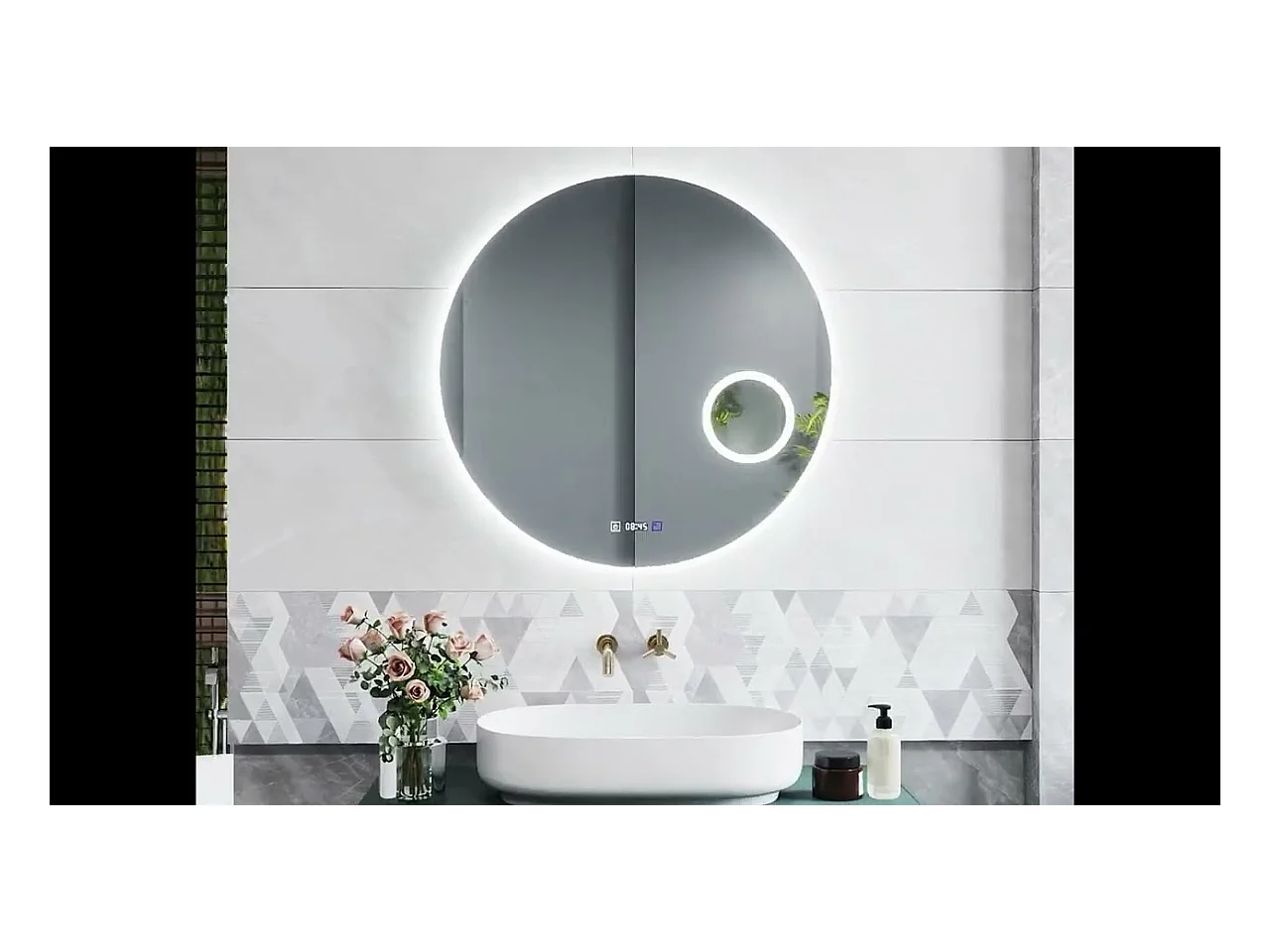 Miroir lumineux Rond 70cm avec Horloge + 3 Couleurs + Dimmable + Anti-buée + grossissant 3x