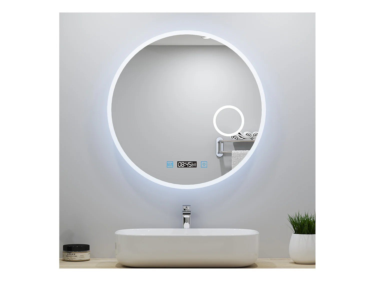 Miroir lumineux Rond 70cm avec Horloge + 3 Couleurs + Dimmable + Anti-buée + grossissant 3x