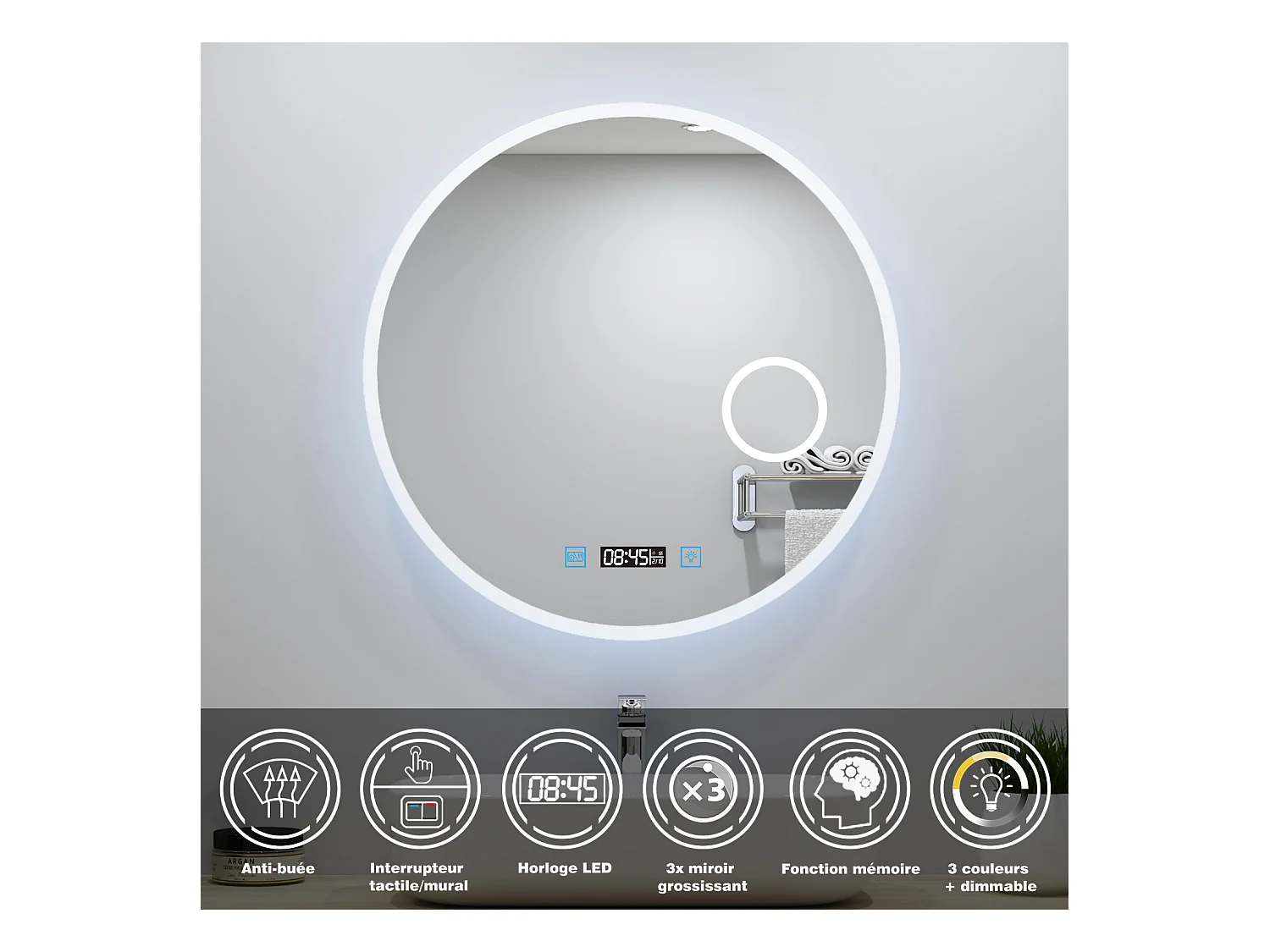 Miroir lumineux Rond 70cm avec Horloge + 3 Couleurs + Dimmable + Anti-buée + grossissant 3x