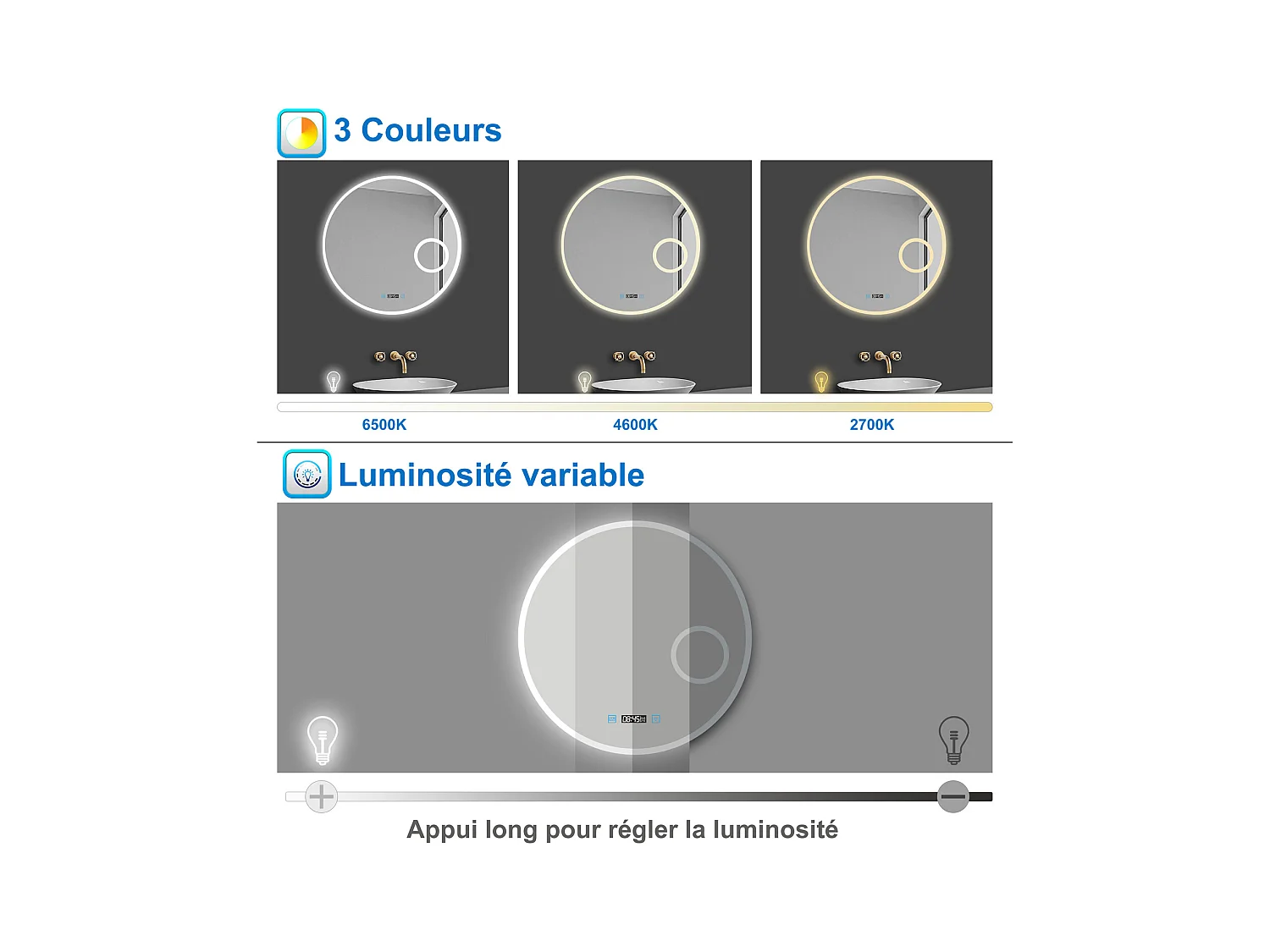 Miroir lumineux Rond 70cm avec Horloge + 3 Couleurs + Dimmable + Anti-buée + grossissant 3x