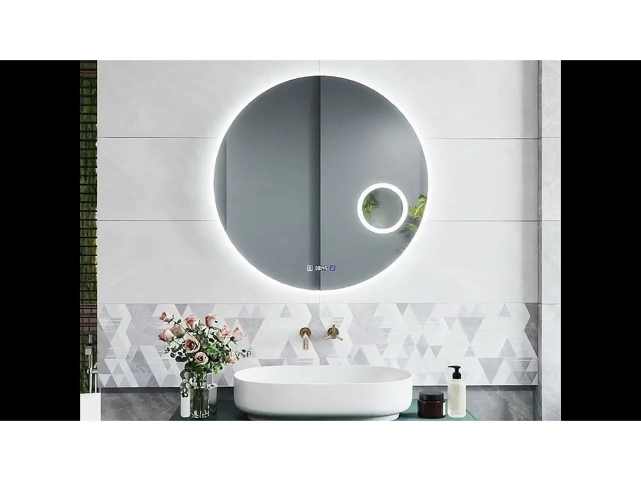 Miroir lumineux Rond 70cm avec Horloge + 3 Couleurs + Dimmable + Anti-buée + grossissant 3x