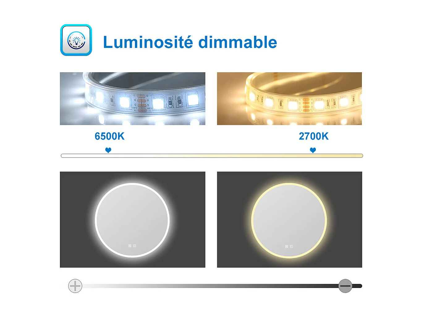 Aica Miroir lumineux avec éclairage intégré, Miroir de salle de bain Rond avec avec 2 interrupteurs, lumière réglable Φ60cm