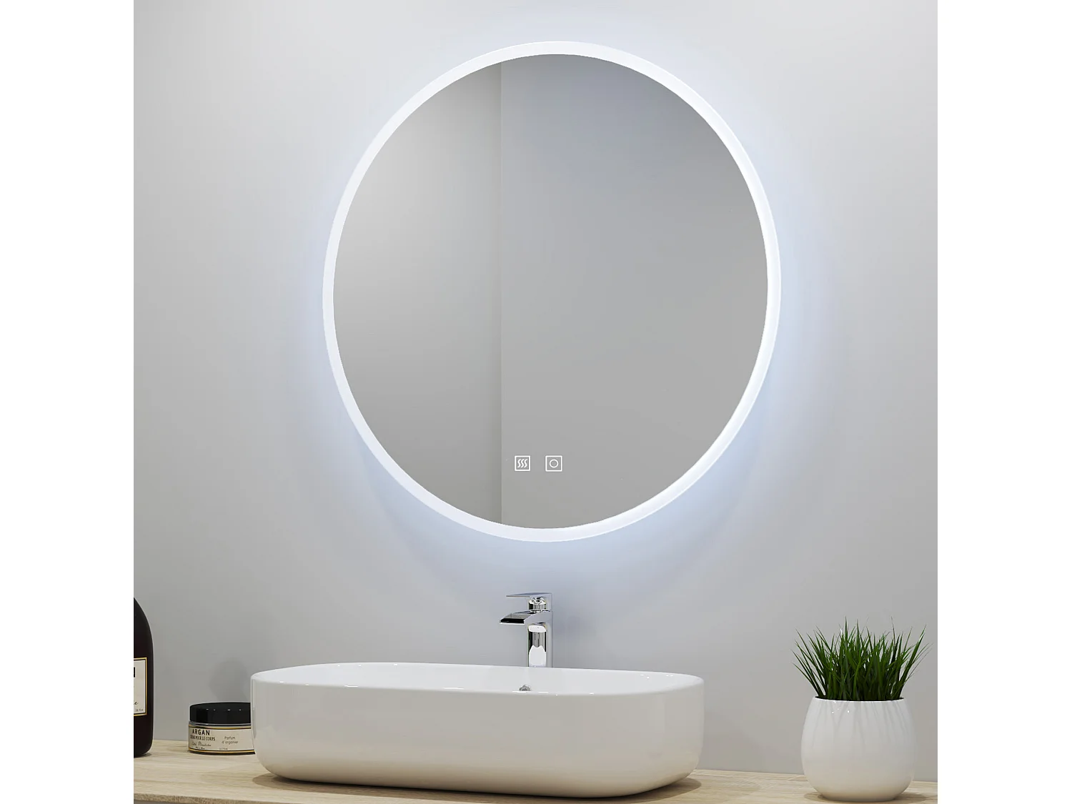 Aica Miroir lumineux avec éclairage intégré, Miroir de salle de bain Rond avec avec 2 interrupteurs, lumière réglable Φ60cm