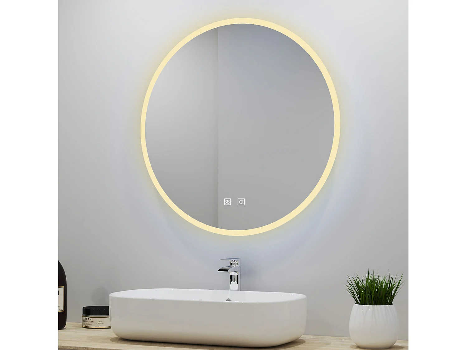 Aica Miroir lumineux avec éclairage intégré, Miroir de salle de bain Rond avec avec 2 interrupteurs, lumière réglable Φ60cm