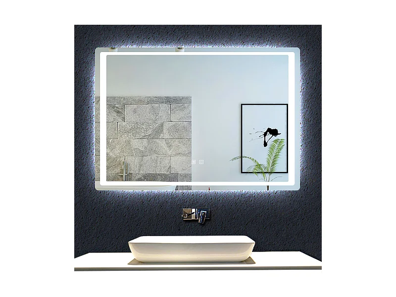 Aica Miroir Led 90x70cm Anti-buée Avec 2 Interrupteurs, Miroir De Salle De Bain Modèle Classique