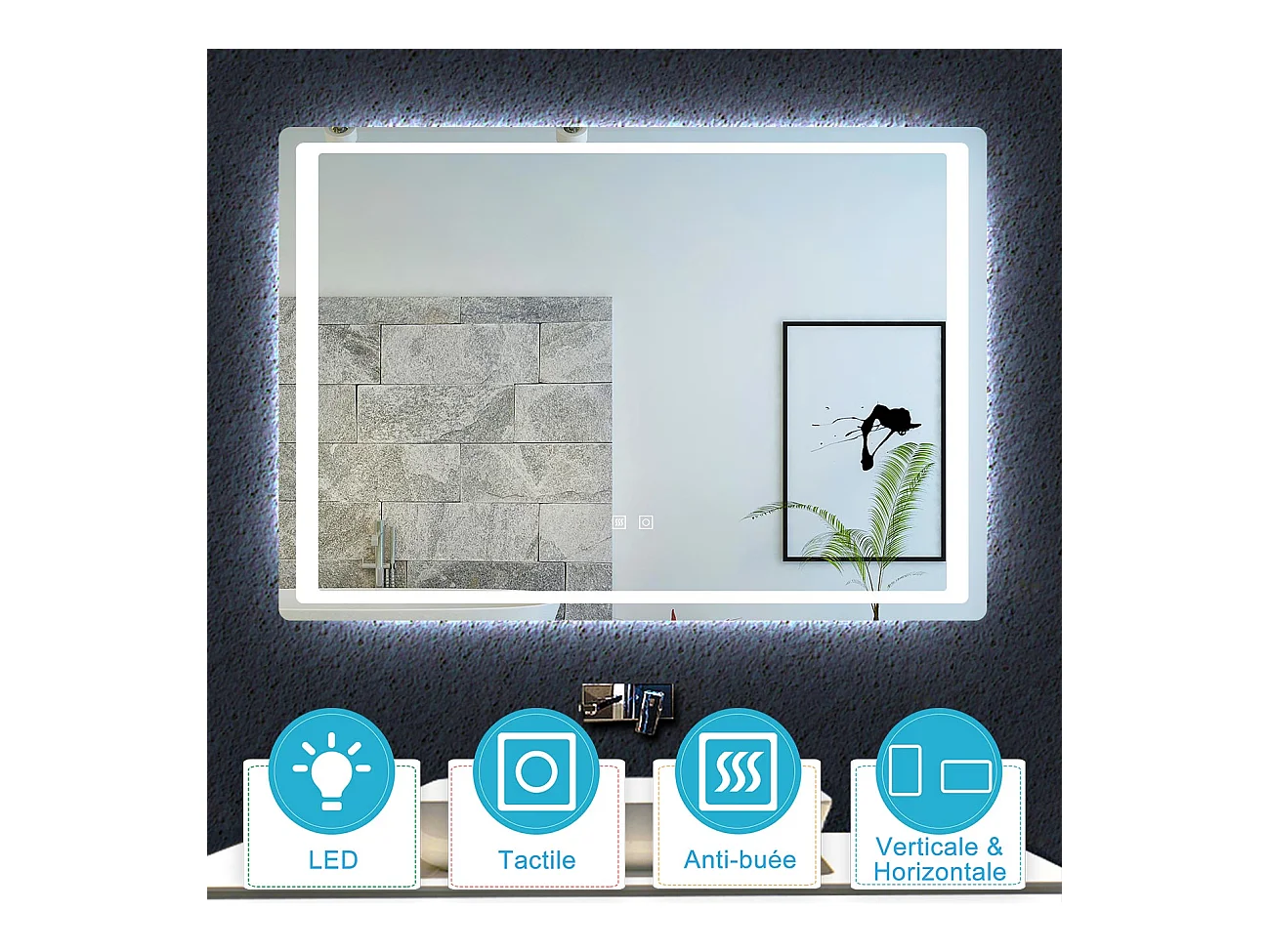 Aica Miroir Led 90x70cm Anti-buée Avec 2 Interrupteurs, Miroir De Salle De Bain Modèle Classique