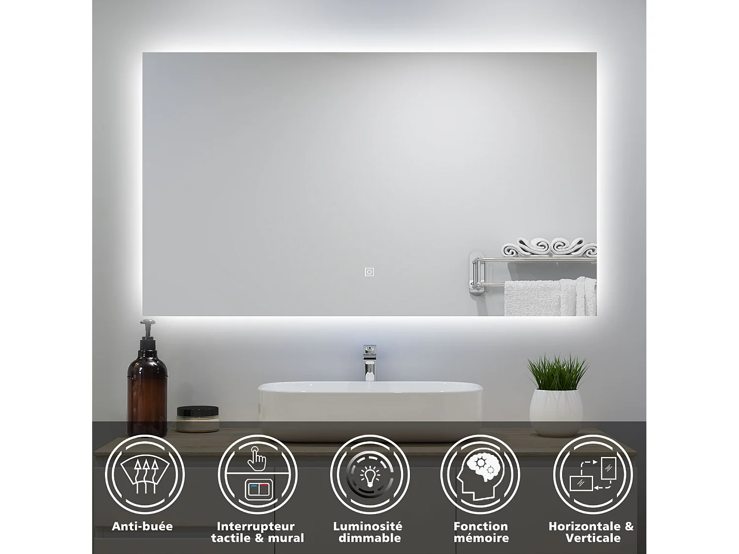 Miroir lumineux 100x60cm avec Anti-buée + Dimmable, Mural Miroir salle de bain