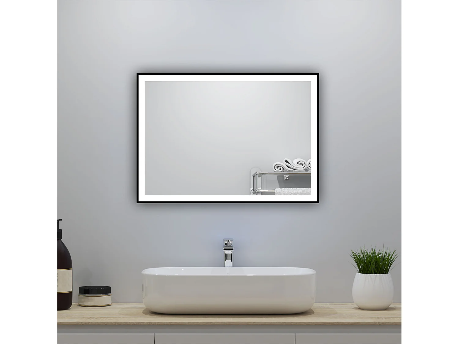Miroir lumineux 70x50cm avec Anti-buée + 3 Couleurs + Dimmable, LED Miroir salle de bain