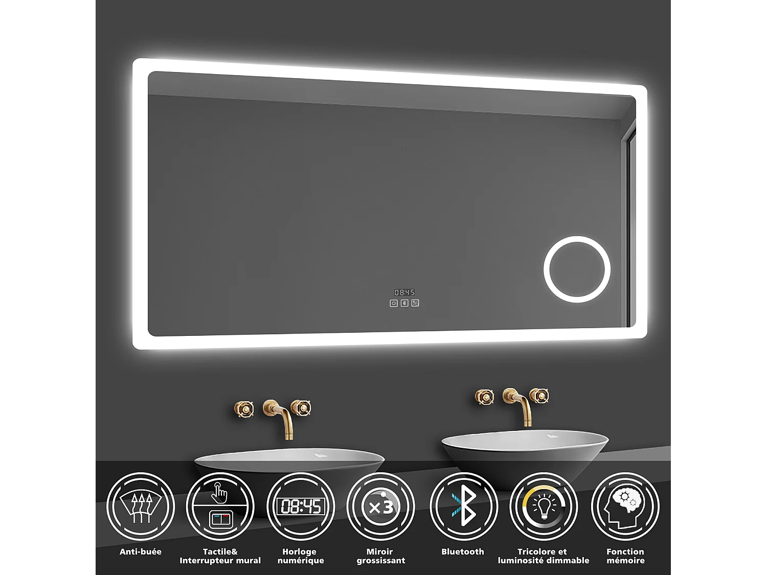 Miroir lumineux, l.160 x H.80cm Miroir Grossissant 3x avec Bluetooth + Horloge + 3 Couleurs + Dimmable + Anti-buée, Miroir de Salle de Bain LED
