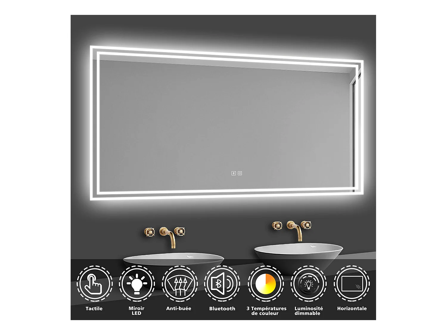 Miroir lumineux  avec Bluetooth 50 x 70cm, Miroir de salle de bain à LED antibuée, fonction de gradation à 3 couleurs Miroir mural IP44 rectangulaire