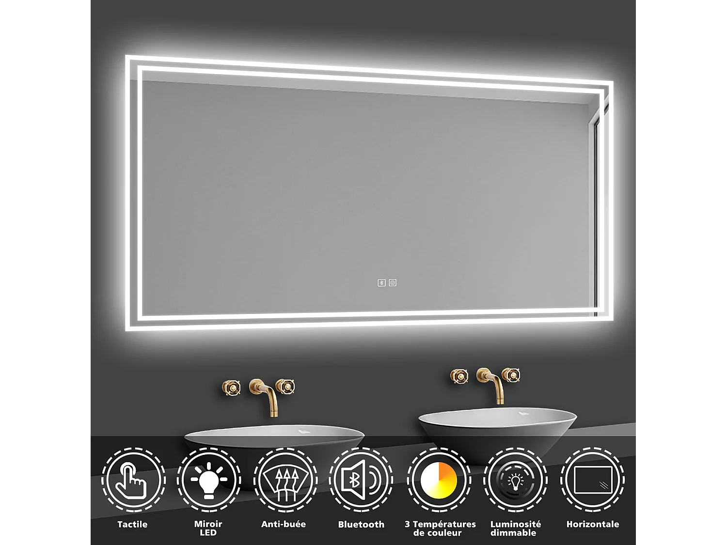 Miroir lumineux  avec Bluetooth 50 x 70cm, Miroir de salle de bain à LED antibuée, fonction de gradation à 3 couleurs Miroir mural IP44 rectangulaire