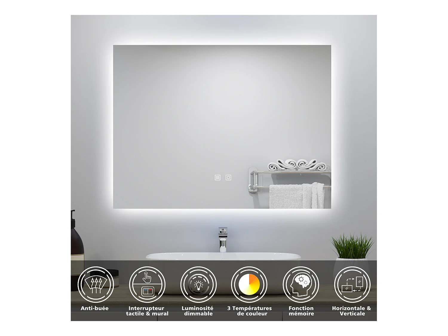 Miroir lumineux 90x70cm avec Anti-buée + 3 Couleurs + Dimmable, Mural Miroir salle de bain